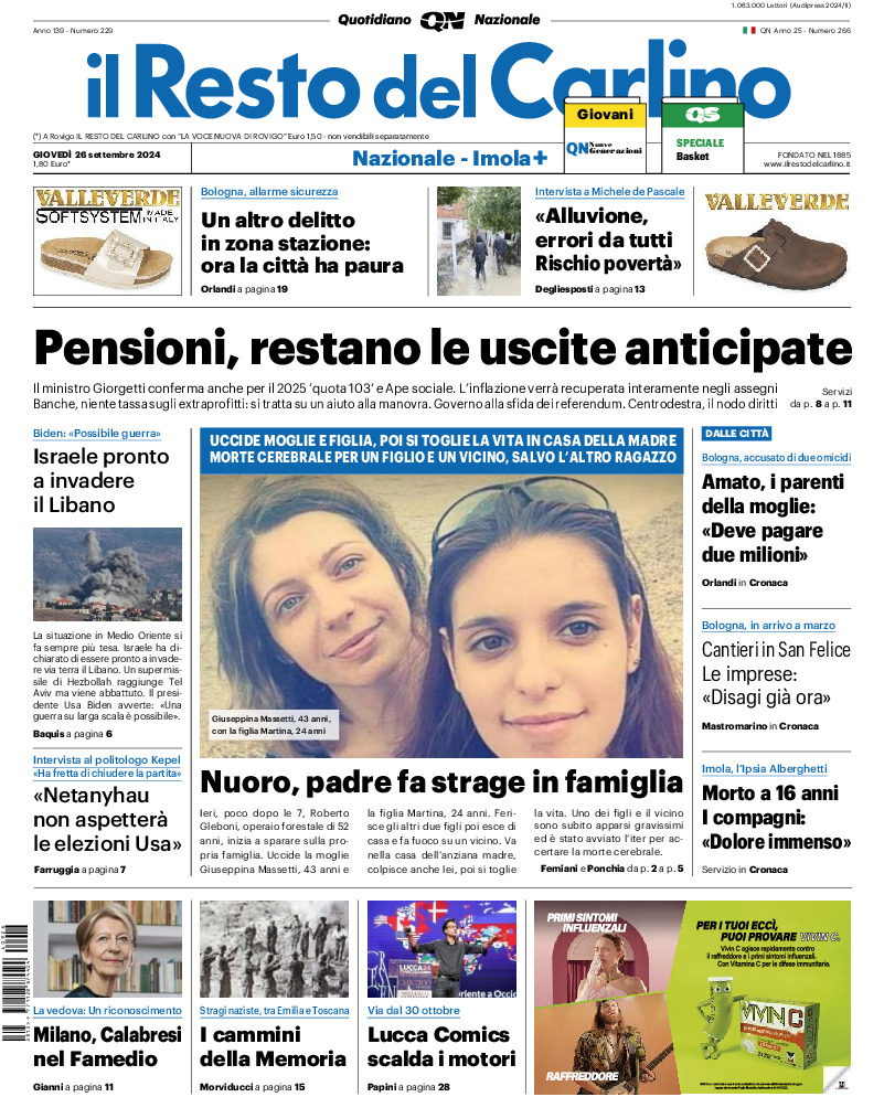 Prima-pagina-il resto del carlino-edizione-di-oggi-20240926